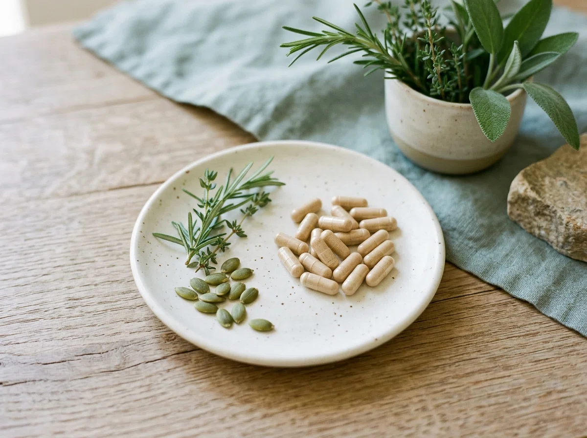 Beige supplement capsules in keramische schaal met zaden en kruiden